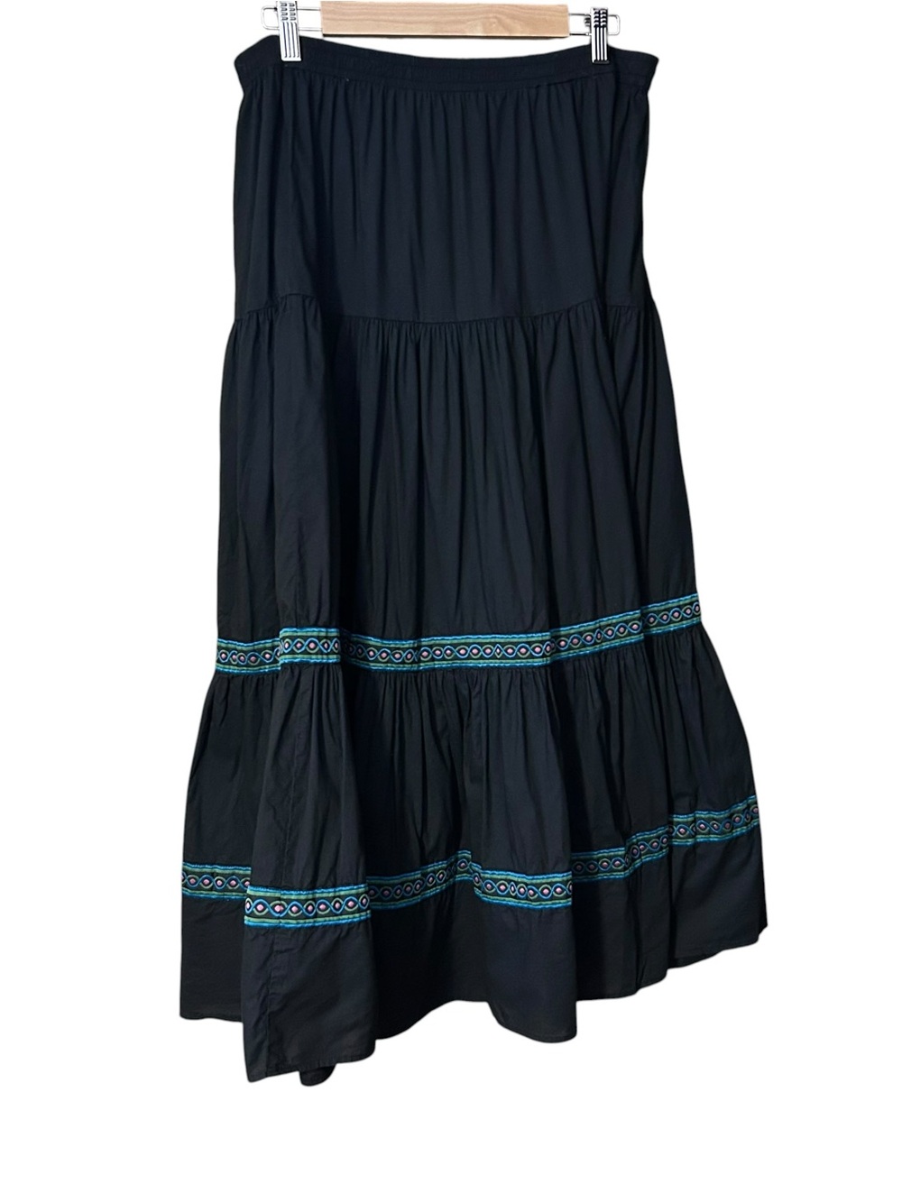 VTG Mirasol Tiered Maxi Skirt Womens XL Black Trim Boho Artsy Festival Y2K 90s